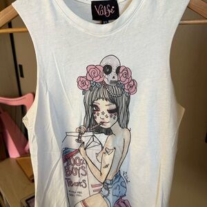 Valfre White Tank with Pink Floral Skull Graphic